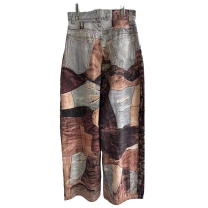 BPS Vintage Mud Dyed Stitching Printing Ripped Canvas Denim Wide Leg