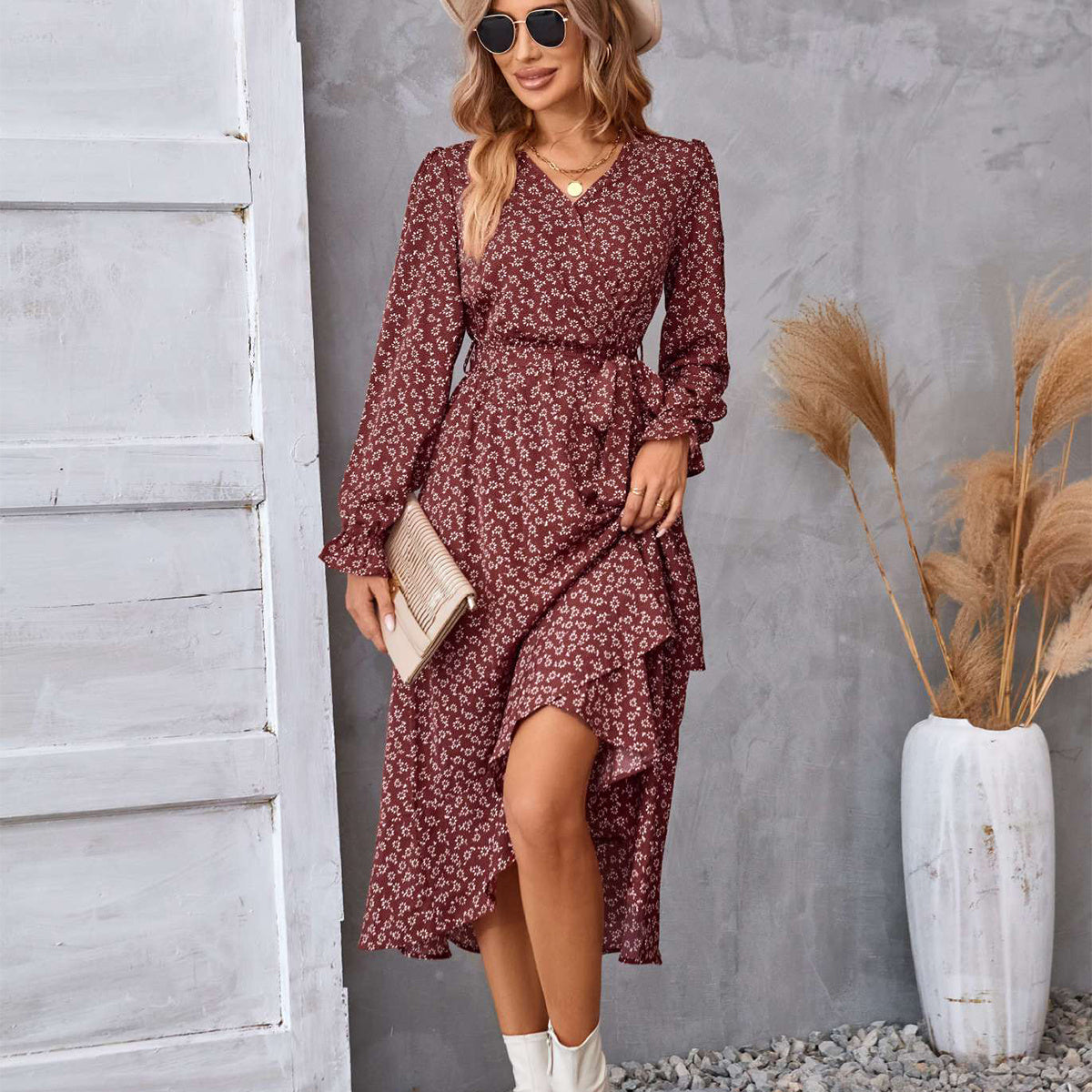 BPS Flowers Print Long Sleeve Dress Fashion