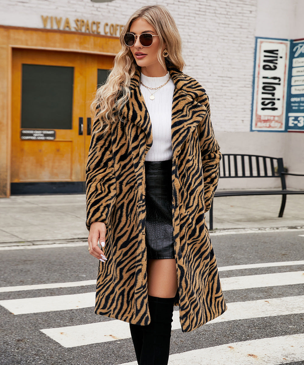 BPS Fashion Leisure Suit Collar Artificial Leather Fur Coat Zebra Pattern Plush Long Coat Autumn And Winter