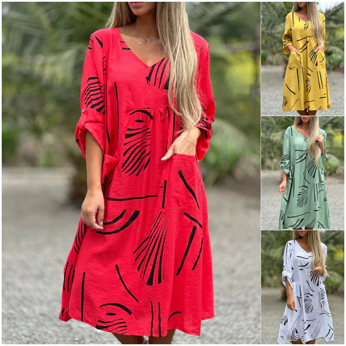 BPS Fashion Printed V Neck Long Sleeve Dress Casual Loose Straight