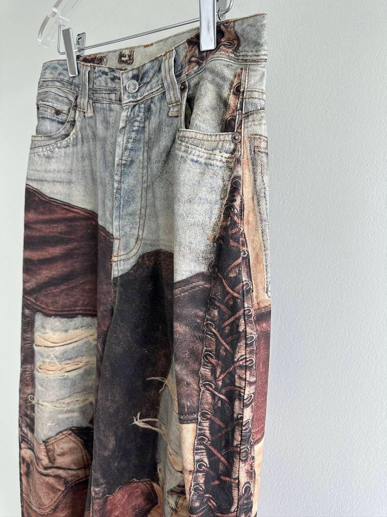 BPS Vintage Mud Dyed Stitching Printing Ripped Canvas Denim Wide Leg