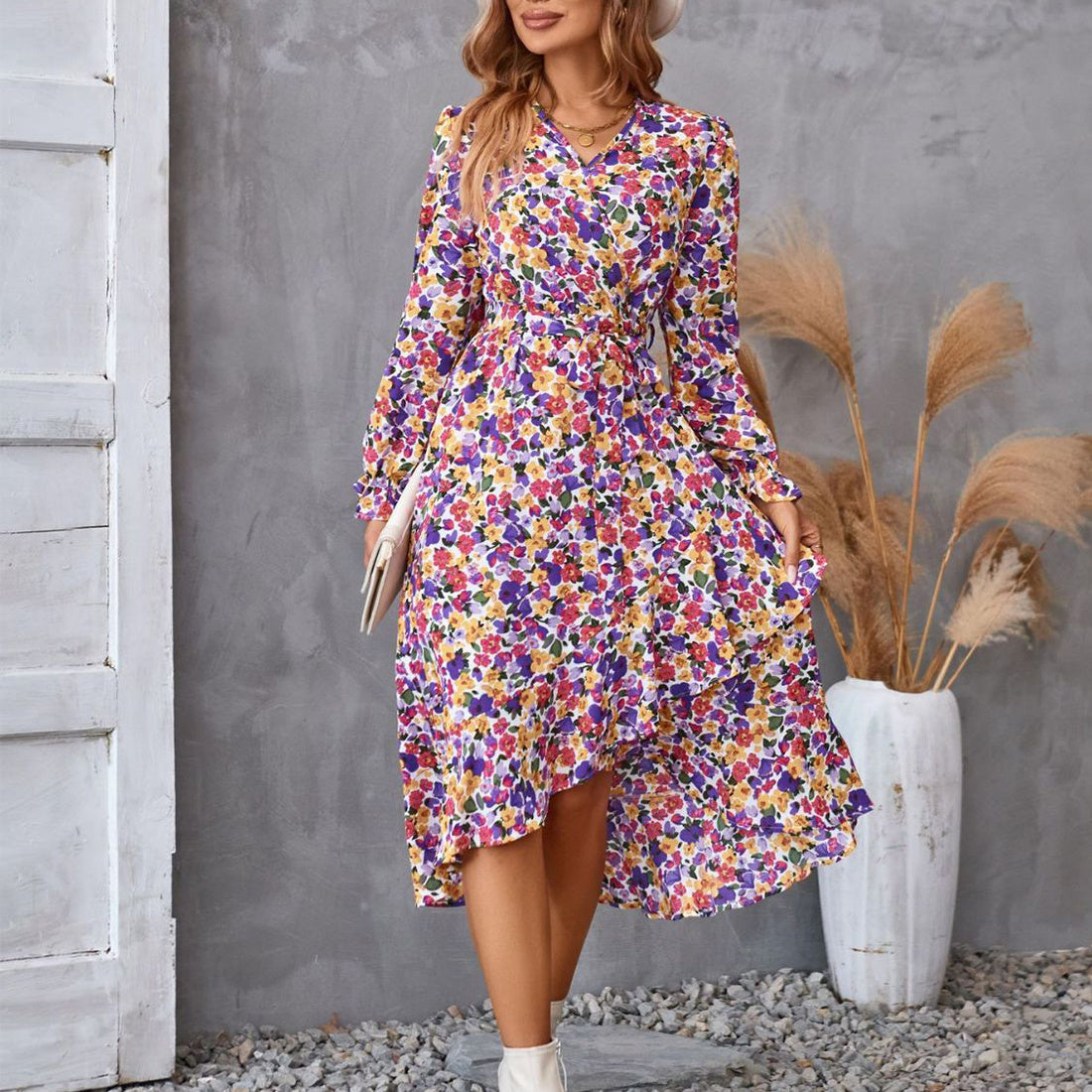 BPS Flowers Print Long Sleeve Dress Fashion