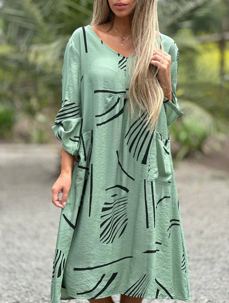 BPS Fashion Printed V Neck Long Sleeve Dress Casual Loose Straight