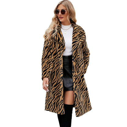 BPS Fashion Leisure Suit Collar Artificial Leather Fur Coat Zebra Pattern Plush Long Coat Autumn And Winter