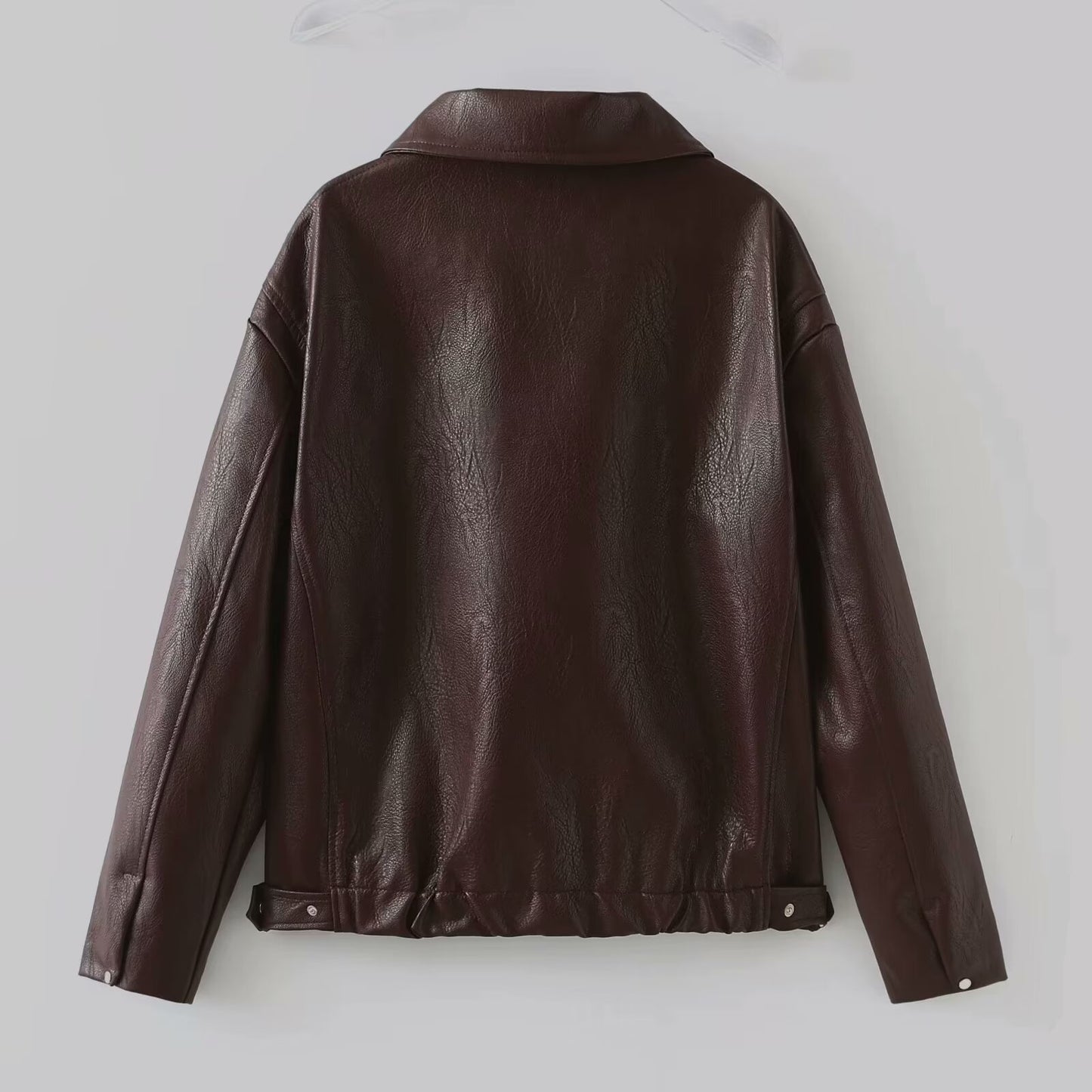 BPS Solid Color Lapel Zipper Jacket Fashion Casual Long Sleeve Leather Coat Tops Women Clothing