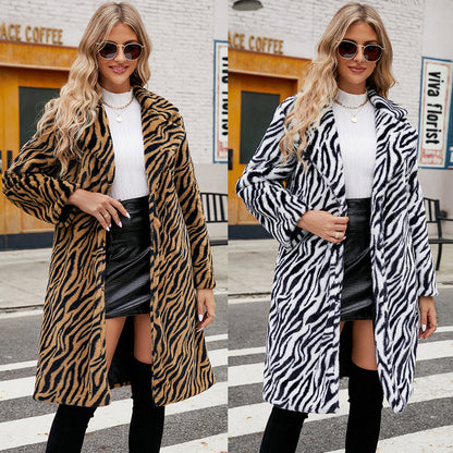 BPS Fashion Leisure Suit Collar Artificial Leather Fur Coat Zebra Pattern Plush Long Coat Autumn And Winter