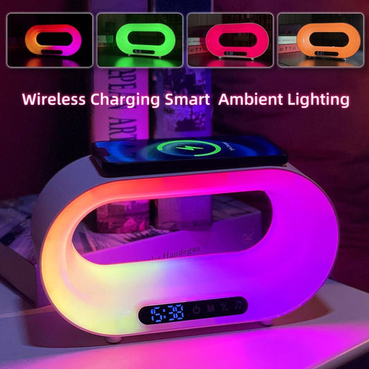 BPS Wireless Charger Alarm Clock  3 In 1 LED Night Light APP Control RGB Atmosphere Desk Lamp