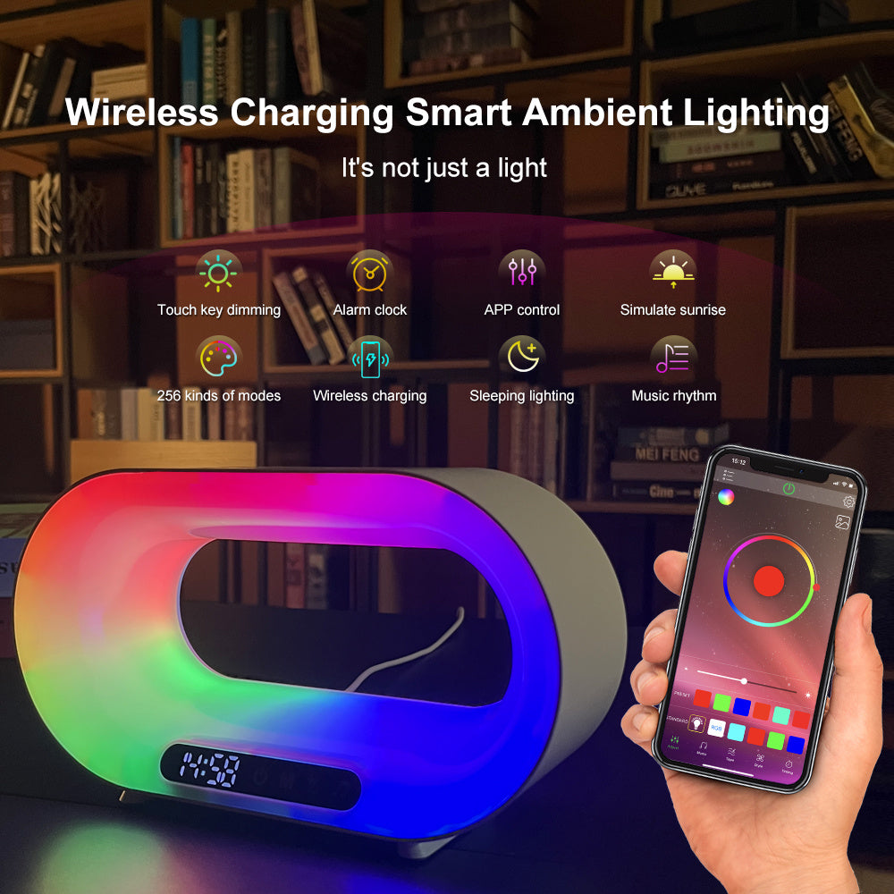 BPS Wireless Charger Alarm Clock  3 In 1 LED Night Light APP Control RGB Atmosphere Desk Lamp