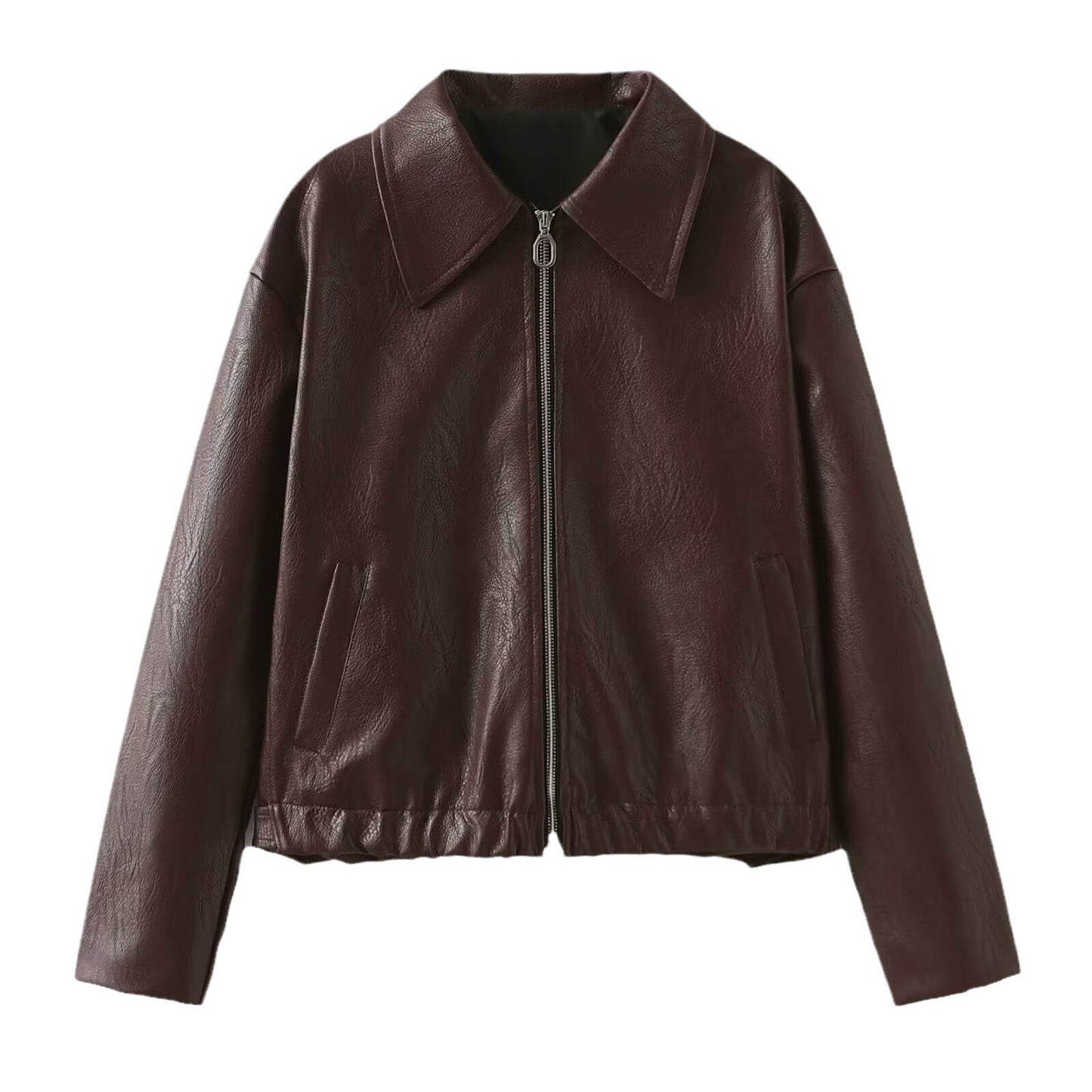 BPS Solid Color Lapel Zipper Jacket Fashion Casual Long Sleeve Leather Coat Tops Women Clothing