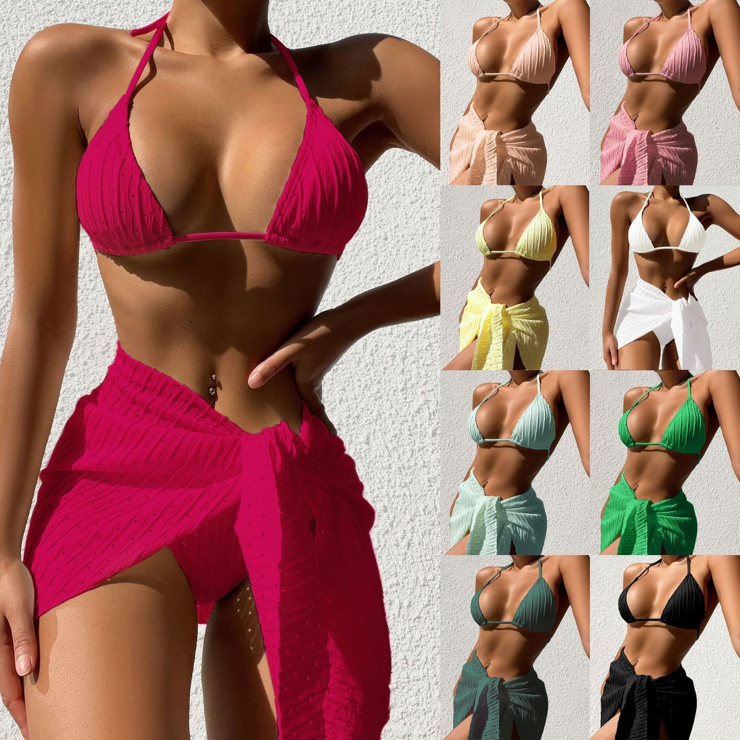 BPS 3pcs Halterneck Swimsuit Set Beach Solid Color Sexy Backless Bikini With Mesh Skirt