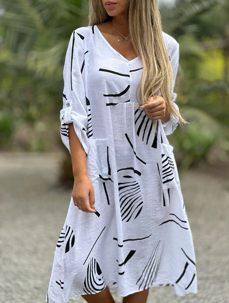 BPS Fashion Printed V Neck Long Sleeve Dress Casual Loose Straight