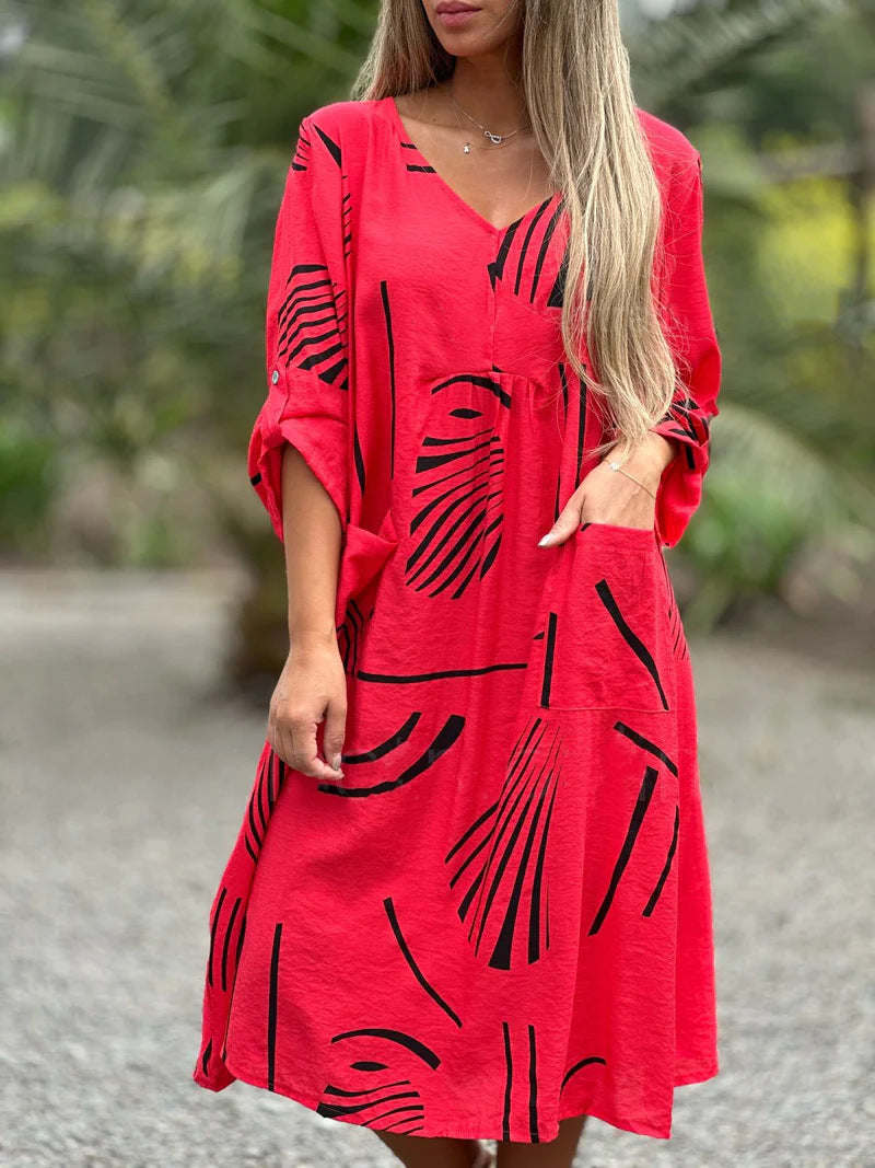 BPS Fashion Printed V Neck Long Sleeve Dress Casual Loose Straight