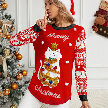 BPS Jacquard Pullover Christmas Cartoon Kitten Embroidered Sweater