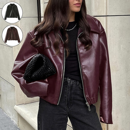 BPS Solid Color Lapel Zipper Jacket Fashion Casual Long Sleeve Leather Coat Tops Women Clothing