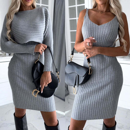 BPS 2pcs SLIM  Suit  Solid Stripe Long-sleeved Top And Tight Suspender Skirt Fashion Autumn