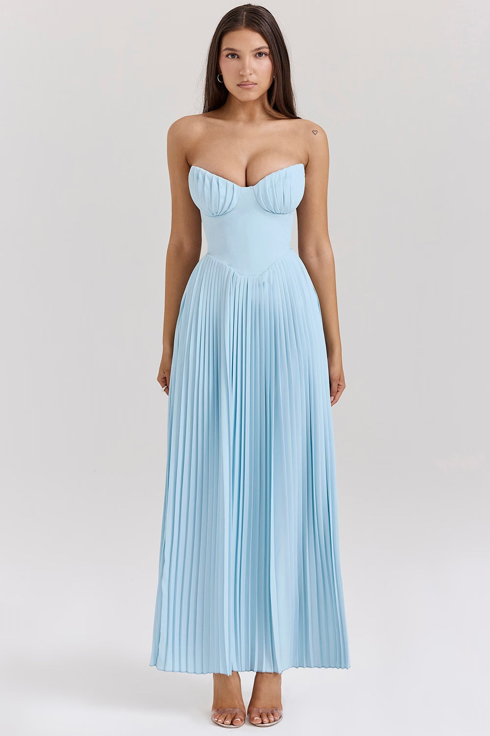 BPS Blue Strapless Slimming Pleated Tight Dress