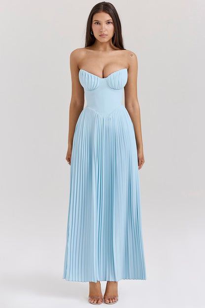 BPS Blue Strapless Slimming Pleated Tight Dress