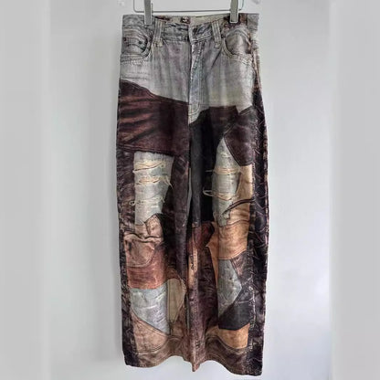 BPS Vintage Mud Dyed Stitching Printing Ripped Canvas Denim Wide Leg