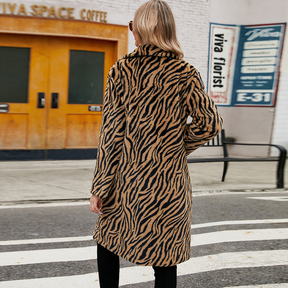 BPS Fashion Leisure Suit Collar Artificial Leather Fur Coat Zebra Pattern Plush Long Coat Autumn And Winter